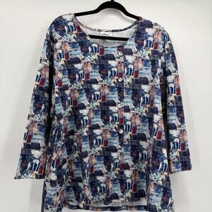 Parsley & Sage Shirt Womens 1X Blue Denim Print Button Front Long Sleeve Tunic